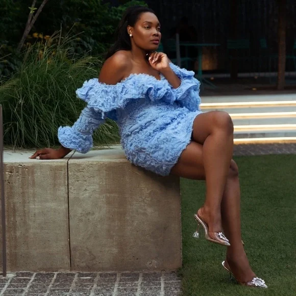 ASOS LUXE 3D Lace Ruffle Bardot Mini Dress in Blue - Picture 3 of 10